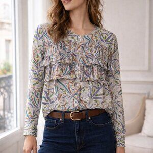 Saloni Silk Blouse Boho Print Long Sleeve Ruffle Pleated Top Multicolor Size 12